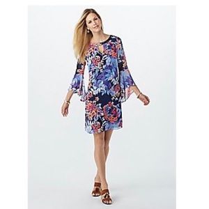 Floral Chiffon-Sleeve Keyhole Dress